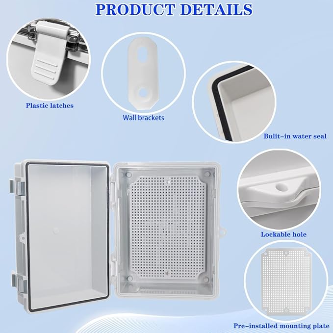 Waterproof Outdoor Electrical Box Junction Box Weatherproof IP67 ABS Plastic Enclosure Switch Router Project Box with Mounting Plate with Wall Bracket 2 Cable Glands Grey 8"x6"x4.3"