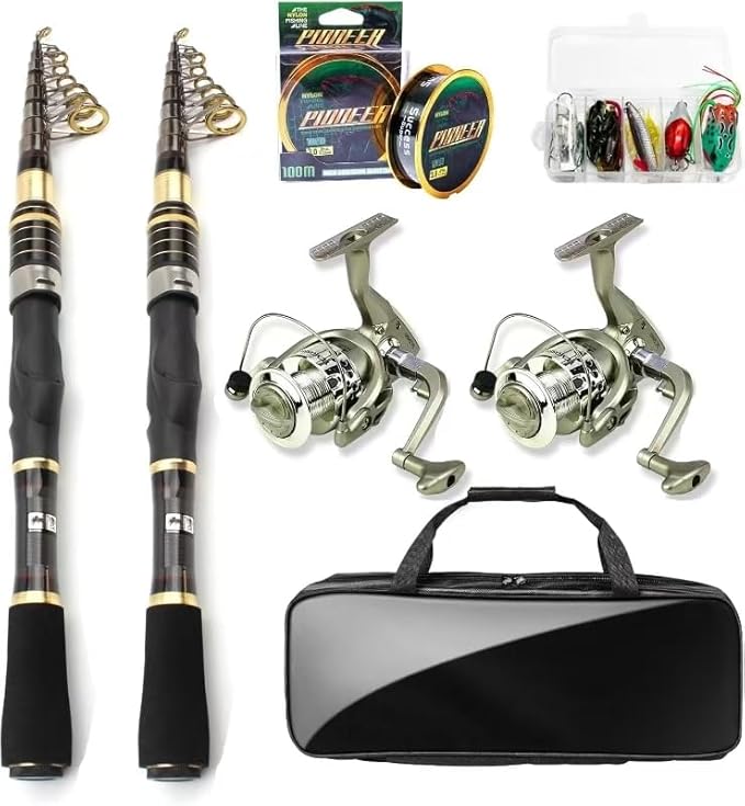 Telescopic Fishing Rod and Reel Combo, 2PCS 5.9FT Collapsible Fishing Pole Set with Pre-Loaded Spinning Reel Lures and Carrier Bag, Saltwater Freshwater Fishing Gear for Adults