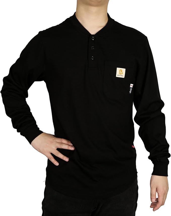 BOCOMAL FR Shirts 6oz Lightweight Flame Resistant Long Sleeve Henley Shirt Fire Retardant Workwear NFPA2112 CAT2
