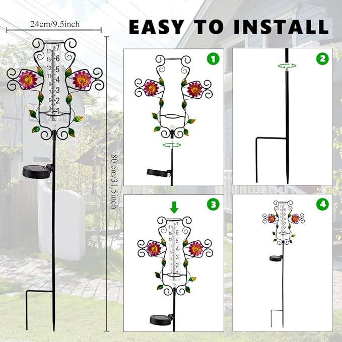 Rain Gauge Outdoor Solar Powered LED Lights Rain Gauge Color Changeable Decorative Water Gauge for Yard,Garden,Patio,Lawn