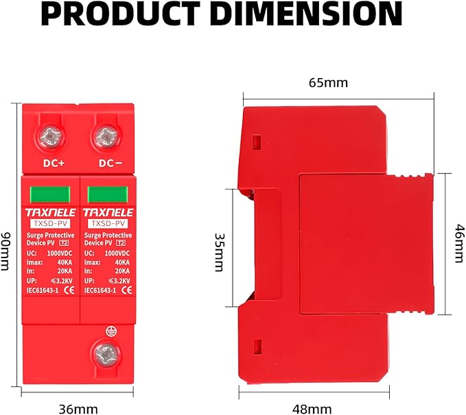Surge Protective Arrester Device Rail Installation 2P DC SPD 1000V 600V Photovoltaic Lightning Protector House Surge Protective Low-Voltage Arrester Device 40KA (DC 1000V)