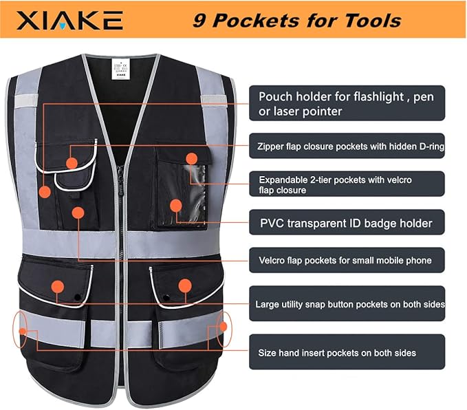 XIAKE 9 Pockets Class 2 High Visibility Reflective Safety Vest for Men Women,Meets ANSI/ISEA Standard