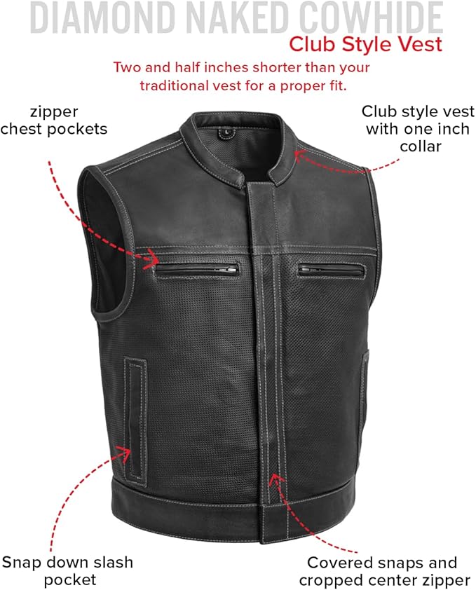 First Mfg Co Lowrider Mens Motorcycle Biker Riding Armor Club Style Black Leather, Twill, Moto Mesh, Perforated Vest