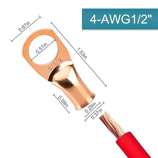10 PCS Battery Terminal Connectors, Battery Cable Ends Lugs, 4 Gauge Wire Connectors, 4 AWG 1/2" Stud Ring Terminals, Copper Wire Lugs with Heat Shrink Tubing.