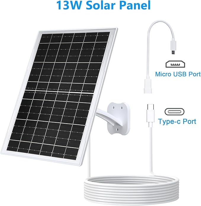 Zivif 13W Solar Panel for Outdoor Security Cameras, USB-C, Micro USB & 5.5x2.1mm DC Output, 360° Adjustable Mount, IP66 Waterproof, 7.2FT Cable, Compatible with Battery-Powered Cameras