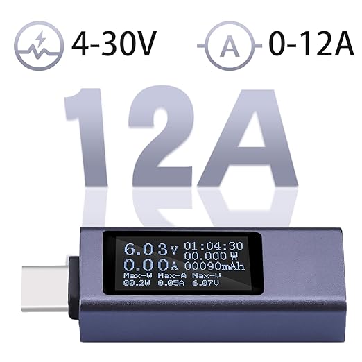 diymore USB C Power Meter, USB C Tester Power Meter,Type C Voltage and Current Tester Meter, Power Bank Capacity,Working Time Ammeter Voltmeter USB Cable Charger Detector LED Display, Gray