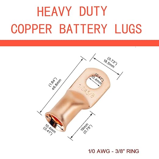 1/0 AWG 3/8" Stud (25 pcs.), Heavy Duty Battery Ring Terminal 0 Gauge Connectors 1/0 Copper Wire Lugs Battery Cable Ends Bare Copper Eyelets