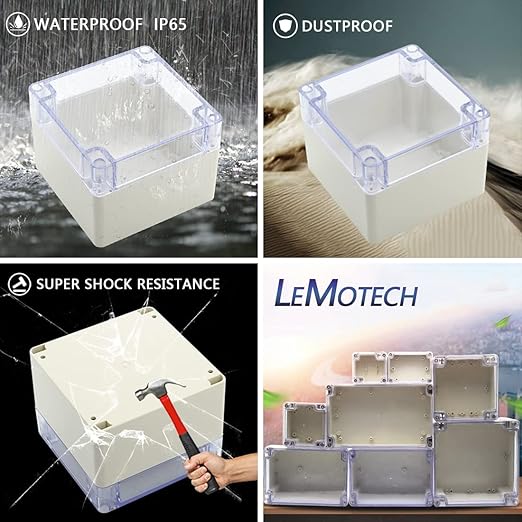 LeMotech ABS Plastic Junction Box Dustproof Waterproof IP65 Electrical Enclosure Box Universal Project Enclosure Grey with PC Transparent Clear Cover 4.7 x4.7 x3.5 inch(120 x 120 x 90 mm)