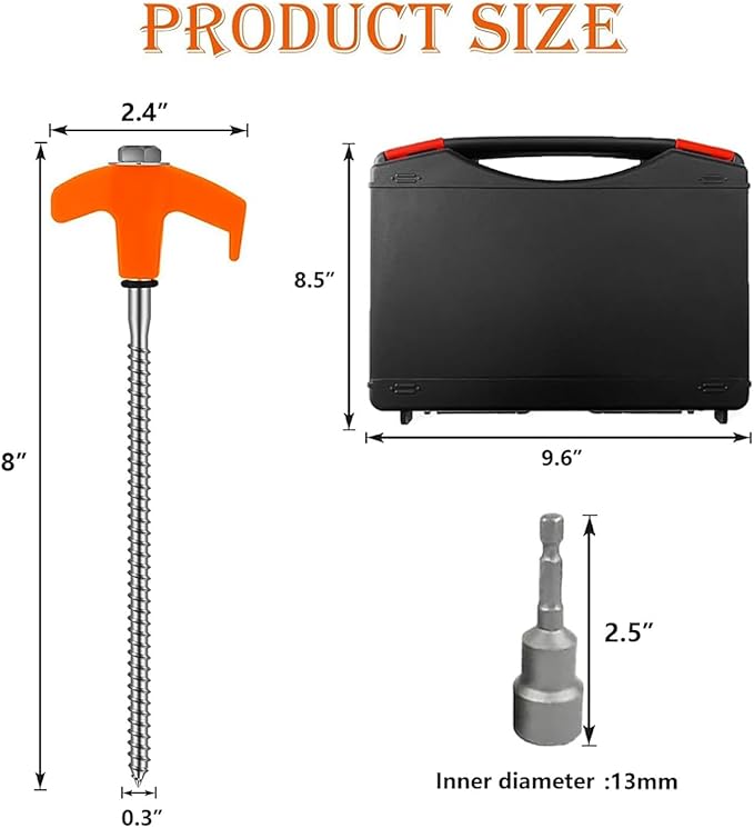 8" Tent Stakes Heavy Duty 12 Pack, Screw in Tent Stakes, Metal Threaded Camping Stakes, Ground Anchors for Canopies, Gardening, Yard Stakes for Inflatables, with Storage Box and Hex Socket