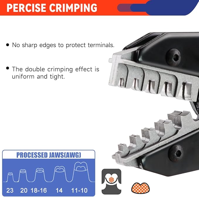 Crimping Tool for Open Barrel Terminals JST Molex TE Connectors - 24-10 AWG (0.25-6mm²) with Wire Cutting Jaw - Ratcheting Wire Crimper