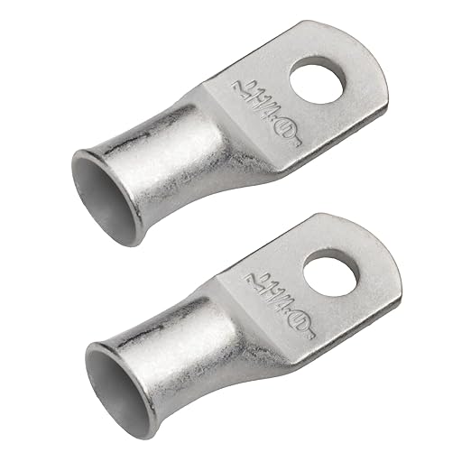 SELTERM 2pcs 1 AWG 1/4" Stud Tinned Copper Wire Lugs, Battery Cable Ends, Ring Terminals, 1 Gauge Terminal Connectors, UL Marine Grade Electrical Connectors