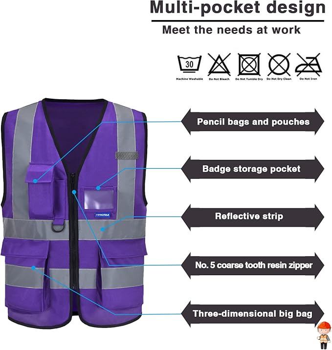 A-SAFETY XSmall Purple High Visibility Safety Vest with 4 Reflective Strips 7 Pockets,X-Small