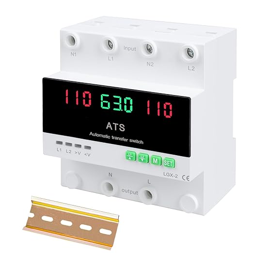 63A 110V Automatic/Manual Transfer Switch, L1 Priority Phase Selector, LED Display, Din Rail Mount, 50/60Hz, CE Certified ATS for Generator, Inverter, Public Power