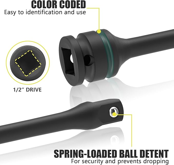 1/2" Drive Torque Limiting Extension Bar Set, 5-Piece Lug Nut Torque Stick Set With 8 Inch Color-Coded 65 to 140 Ft-Lbs Torque Sticks