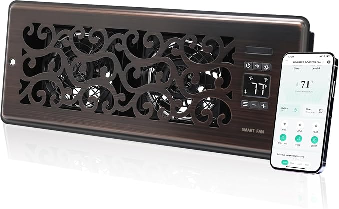 Register Booster Fan for 4" x 12" Register Holes, Quiet Vent Fan Booster with Intelligent Thermostat, Improves Heating Cooling, App Control, 10-Speeds, Charleston Smart Register Vent, ORB