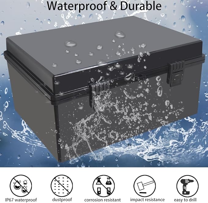 Junction Box, Hinged Black Cover IP67 Waterproof ABS Project Box with Mounting Plate Electrical Box Enclosure with Wall Bracket 15.7 x 11.8 x 7.9inch(400x300x200mm)