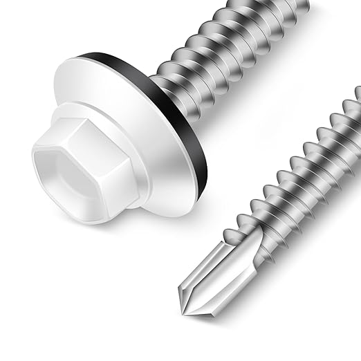 #10 x 1-1/2" Zinc Plated Steel Self Drilling Roofing Screws, Hex Head Self Tapping Screws with EPDM Washer, White Head, 100 PCS