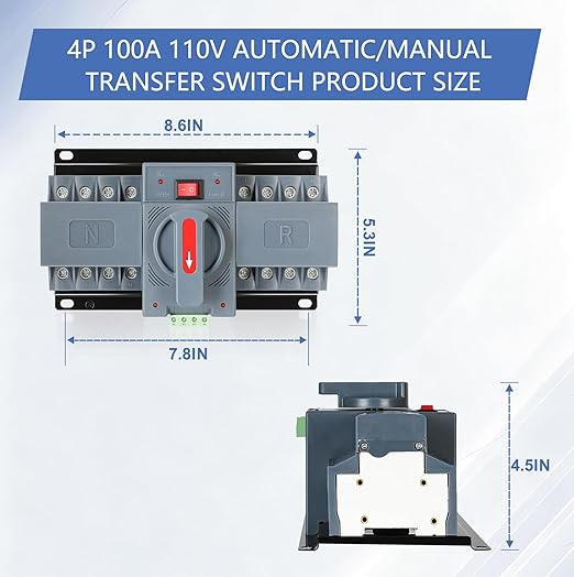 6-100amp AC110V Automatic/Manual Transfer Switch 4P 50/60Hz, 4POLE 100A ATS Auto Changeover Dual Power Switch for Generator,CE Certified ATS Solar Back Up Power Auto Selector Overvoltage, Undervoltage