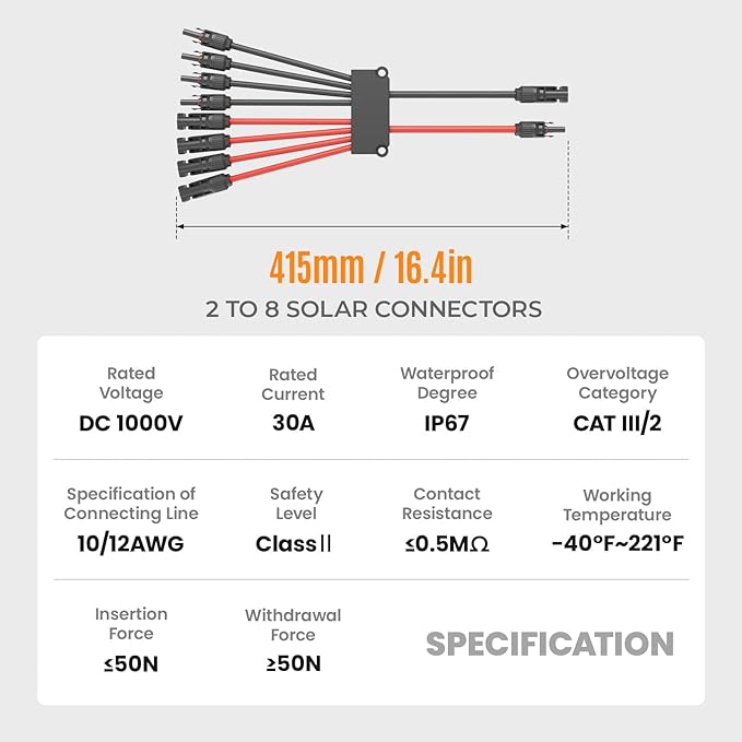 Solar Panel Connector 8 to 2 Solar Y Branch Connectors PV Panels Parallel Connectors Kit Adapter Waterproof Wire Plug Tool for Solar Panel(1 Pcak MF/FFFFMMMM)