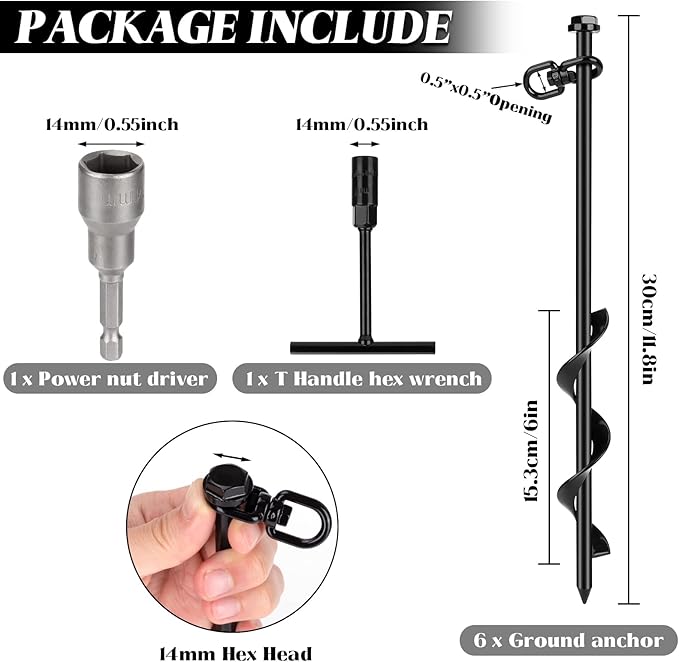 6 Pack Ground Anchor Heavy Duty Earth Anchors with T Handle Hex Wrench & Power Nut Driver, Metal Stakes Ground Anchors Screw in for Swing, Trampoline, Tents, Securing Animals