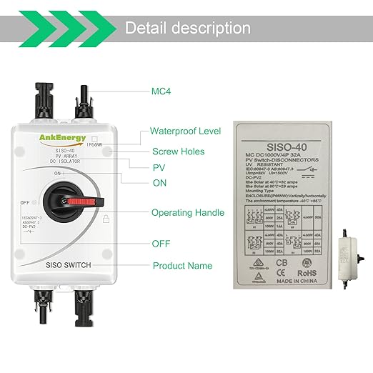 IP66 Solar Combiner Box， 32A PV DC Isolator Switch with Solar Connector for Solar Panel Solar Power System RV, Boats, and Off/On-Grid Solar System