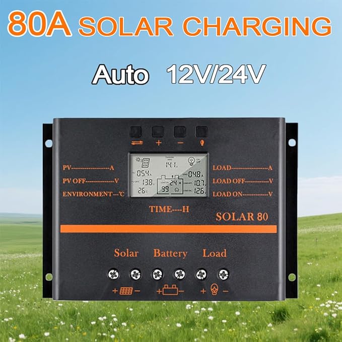 Solar Controller 80A 12V / 24V Battery Charge Regulator Auto 960W / 1920W with LCD Display Mobile Power Supply Charger 5V USB Enhanced Heat Sink (80A)