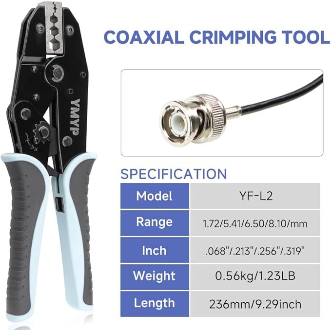 Coaxial Crimping Tool for RG Type Cable -RG6,29,50,54,55,56,58,59,62,71,108,133,142,301,302,307,400, LMR-195,200,240,300, BNC 3C-2V,3D-2V Connectors (CRIPMER L2 WG)