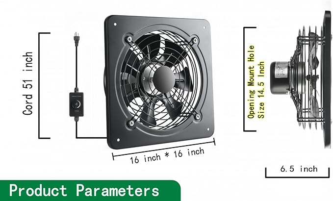 16 Inch Wall Window Exhaust Fan Wall Mounted Ventilation Fan 1040 CFM High-Speed1560 RPM Basement Extractor Fan Industrial Fan for Home Garage Office Commercial Use (16 Inch+Speed Control)