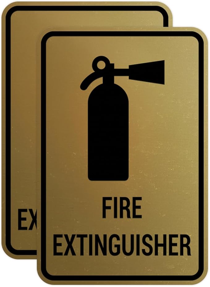 Signs ByLITA Portrait Round Fire Extinguisher Sign with Adhesive Tape, Mounts On Any Flat Surface (Brushed Gold) - Large (2 Pack)