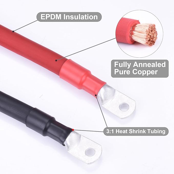 2/0 AWG Flexible Battery Cable with 3/8" Terminals - OFC Pure Copper Inverter & Welding Wire for Automotive Solar RV Motorcycle (Red + Black 1.5FT Pair)