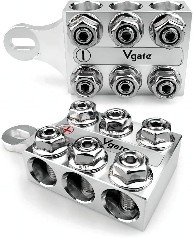 Vgate 12-Way Post Terminal Distribution Block Bus Bar, 8AWG up to 4/0(XL) AWG Gauge, for Lithium or AGM Lead Acid Battery with Bolt Down Ends or Threaded Studs, M6 or 1/4”-20