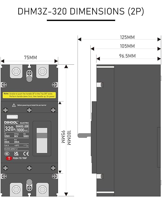 DIHOOL 320 Amp DC Circuit Breaker,2P 1000V 20kA Breaking Capacity Battery Disconnect Switch with Thermal Magnetic Trip for Solar, UPS, Battery