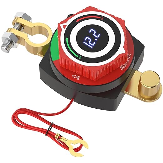 Top Post Battery Disconnect Switch 12V with LED Voltmeter, DC5-80V Car Battery Disconnect Switch Kill Switch for Car, RV, Boat, Marine On Off Battery Cut Off