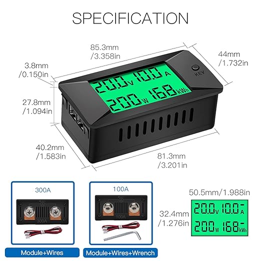 DC Multifunction Battery Monitor Meter,0-300V,0-300A Built-in Shunt, Widely Applied to 12V/24V/48V RV/Car Battery, LCD Display, Digital Current Voltage Solar Power Meter, Multimeter Ammeter Voltmeter