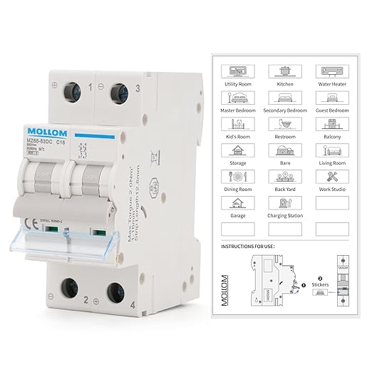 MOLLOM DC 2 Pole Miniature Circuit Breaker, 500V 16Amps, C16 Scene Visualization Custom MCB Thermal Magnetic Trip, 6KA Breaking Capacity DC Disconnect Switch for Solar PV System