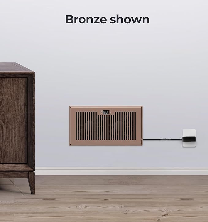 Quiet Register Booster Fan Fits 6" x 12" Register Holes, 10-Speed Smart Heating Cooling AC Vent Fan with Remote Control and Thermostat Control - Bronze