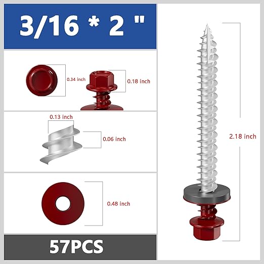 # 3/16 * 2" 57PCS 1lbs Red Hexagonal Metal Sheet roof Screws, #10 * 2 with EPDM washers and Hexagonal self Tapping, Used for Metal to Wood, Corrugated Roofs.5 * 50mm