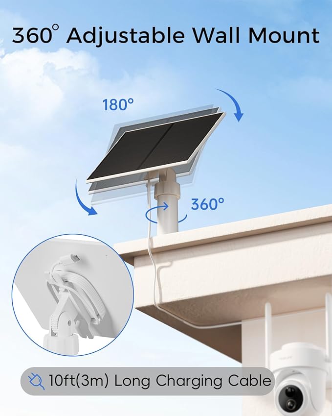 MUBILIFE 5W Solar Panel for Security Camera Wireless Outdoor, with Micro USB & Type-C Port, Continuous high-Efficiency Solar Power, IP66 Weatherproof, 360° Adjustable Bracket, 10ft Cable