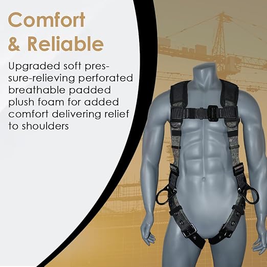 AFP Camouflage Universal Fall Protection Ergonomic Comfort Safety Harness, Soft Pressure-Relieving Perforated Breathable Padded Foam Shoulder, 3 D-Rings, Tongue Buckle, Mating Buckle (OSHA/ANSI PPE)