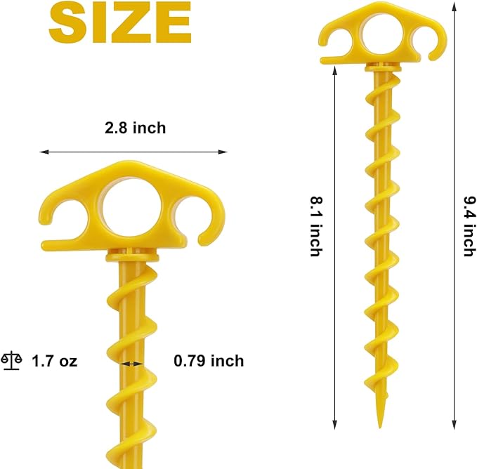 Tent Stakes Ground Anchors Screw in, 16 Pack Sand Stakes for Beach 9.4 Inch Heavy Duty Spiral Tent Pegs for Camping, Party, Hiking, Outdoor Decoration (16, Yellow)