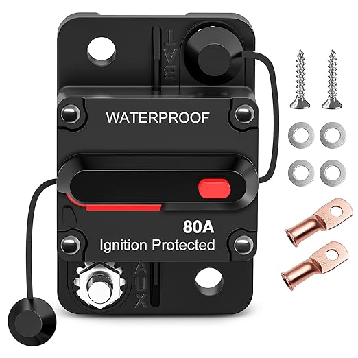 Nilight 80A Circuit Breaker Resettable 12-48V DC Manual Reset w/Copper Wire Lugs Surface Mount Overload Protection for Car Audio Sound Amplifier System RV Marine Boat Truck, 2 Years Warranty