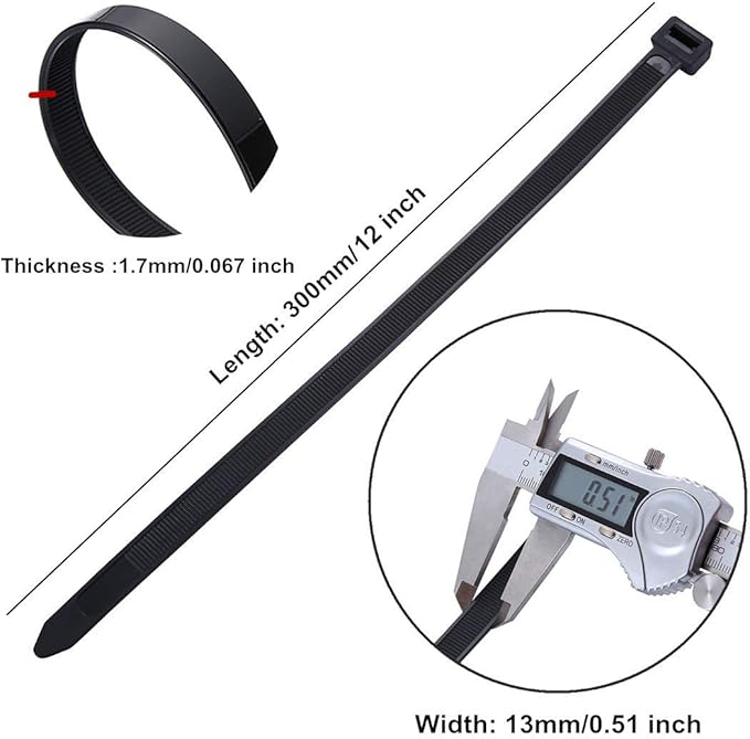 60 Piece Multi-Purpose Ultra Heavy Duty UV Cable Ties,11.8 Inch Width 0.51 Inch, 250 lbs Tensile Strength,Non-metal bands,Black