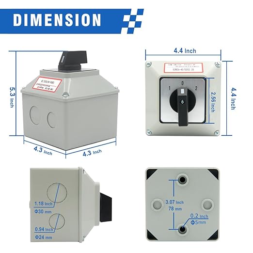 40A Rotary Changeover Switch with Box, 660V 3 Position 2 Phase 8 Terminals, 2-Way 2NO 2NC Universal Selector Switch with Yellow Fork Terminals IP65 CE 26-40/D202.2D