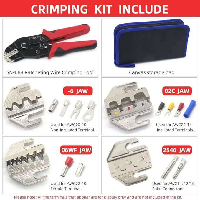 Ratcheting Wire Crimping Tools Set,For molex,JST,dupont style Open Barrel Terminals,Insulated Nylon,Non-Insulated,Ferrule Wire End,Solar Connectors,Crimping pliers + 4-jaw set