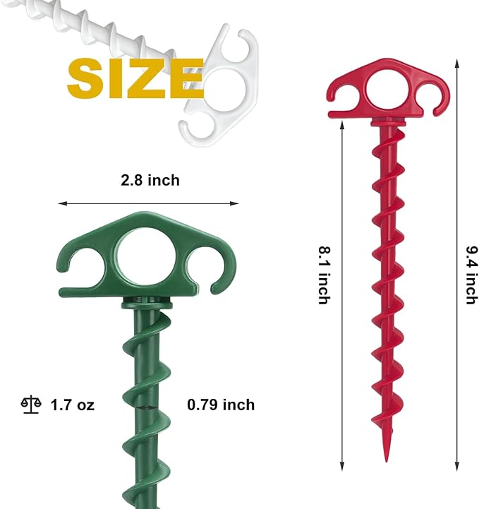 Plastic Inflatable Stakes, Tent Stake 6 Pack Sand Stakes for Beach 9.4 Inch Heavy Duty Spiral Yard Stakes for Camping, Party and Outdoor Halloween Christmas Decorations (9, Red+Green+White)