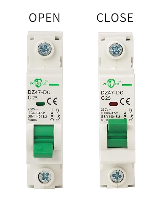 DC Miniature Circuit Breaker, 1 Pole 25 Amp, 110V-250VDC, 6kA Din Rail Mount Breaker with Thermal Magnetic Trip, DZ47-63 C25 1P, DC Solar MCB