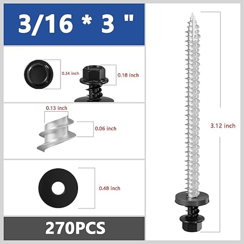# 3/16 * 3" 270PCS 5lbs Black Hexagonal Metal Sheet roof Screws,#10 * 3 with EPDM washers and Hexagonal self Tapping, Used for Metal to Wood, Corrugated Roofs.5 * 75mm