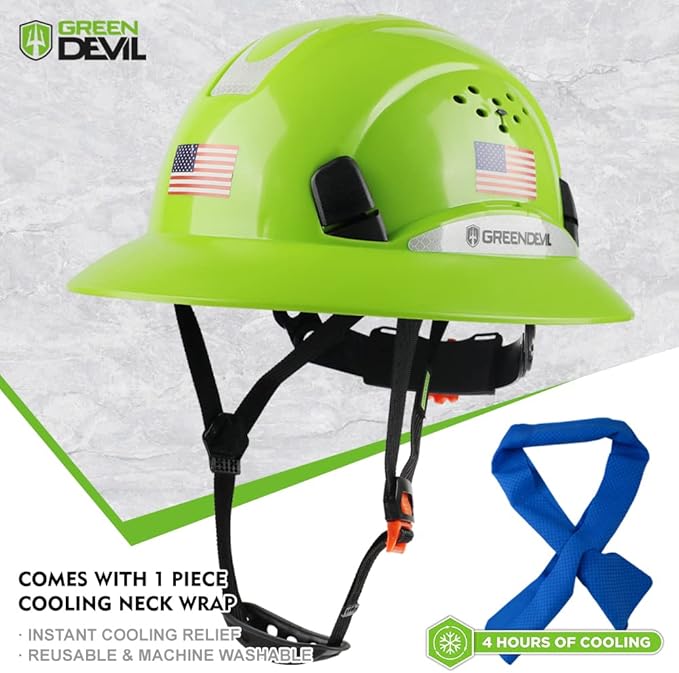 Full Brim Hard Hat Vented Construction Safety Helmet OSHA Approved Cascos De Construccion Work Hardhats with Cooling Towel for Men&Women 6 Point Adjustable Ratchet Suspension