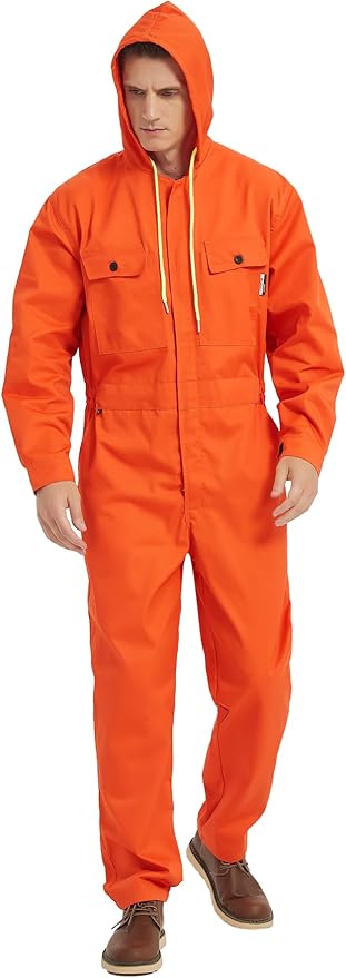 Mens Cotton Blend Long Sleeve Coverall Multi Pockets Zip Overall Mechanic Work Jumpsuit with Hood