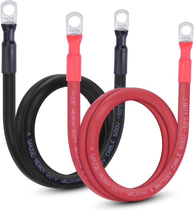 4 AWG Flexible Battery Cable with 3/8" Terminals - OFC Pure Copper Inverter & Welding Wire for Automotive Solar RV Motorcycle (Red + Black 3FT Pair)